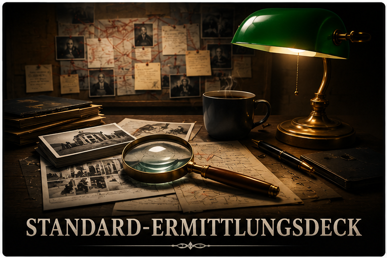 Preview des Standard-Ermittlungsdecks mit Lupe, Akten und Ermittlungsunterlagen.